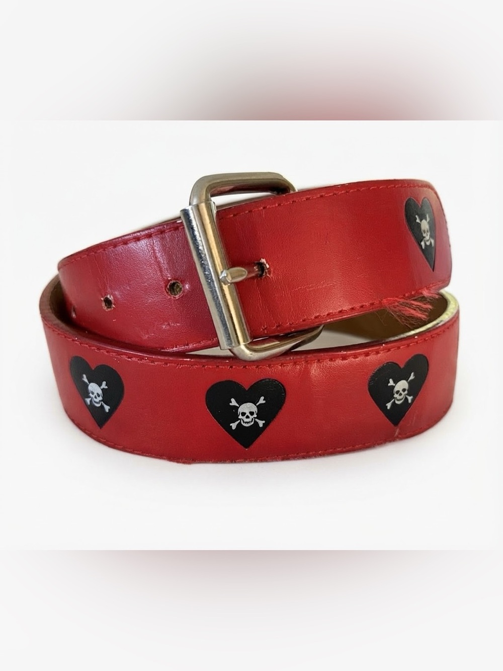 Red Leather Belt Punk Skull & Hearts Size 32